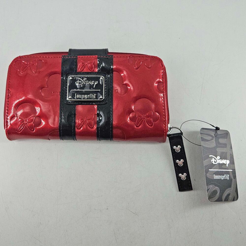 Disney Loungefly Minnie Loves Mickey Red Black Embossed Zip Wallet NWT